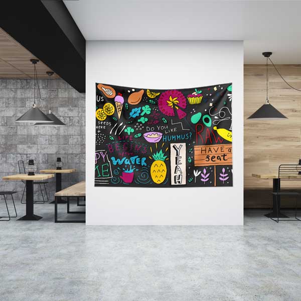 Renkli Kafe Duvar Tablosu – Eğlenceli Grafik Desenli Tapestry 12553