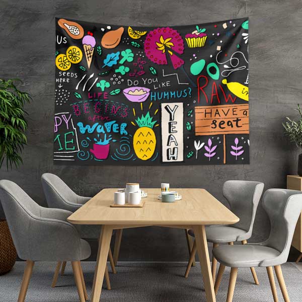 Renkli Kafe Duvar Tablosu – Eğlenceli Grafik Desenli Tapestry 12553