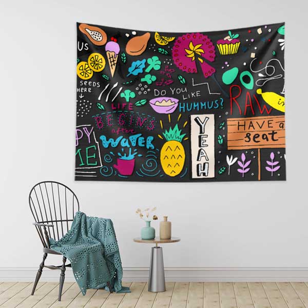 Renkli Kafe Duvar Tablosu – Eğlenceli Grafik Desenli Tapestry 12553