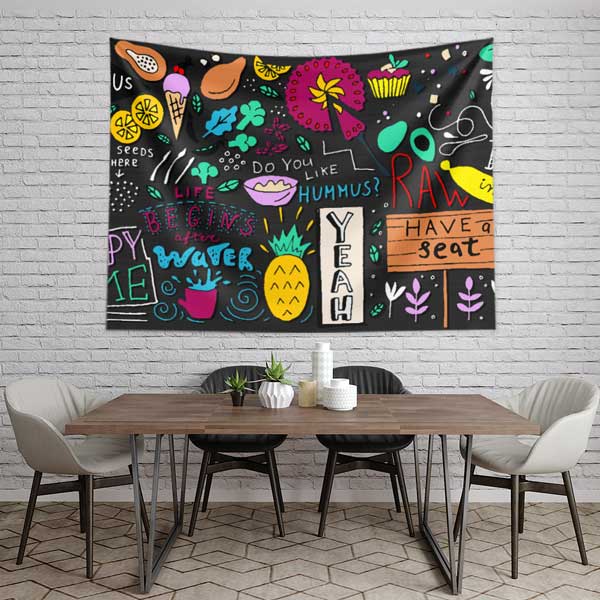 Renkli Kafe Duvar Tablosu – Eğlenceli Grafik Desenli Tapestry 12553