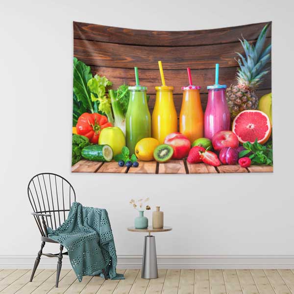 Renkli Meyve Suları Temalı Kafe Duvar Tablosu – Tropikal Smoothie Şişeleriyle Canlı Dekor 12557