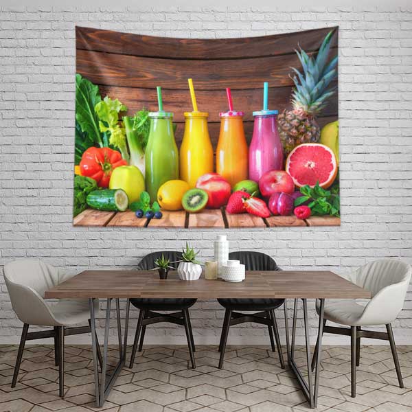 Renkli Meyve Suları Temalı Kafe Duvar Tablosu – Tropikal Smoothie Şişeleriyle Canlı Dekor 12557