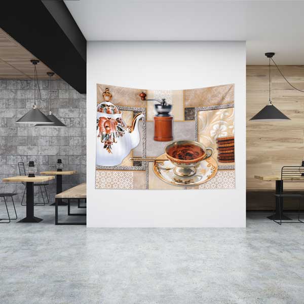 Kahve Temalı Retro Çaydanlık ve Fincan Tasarımlı Duvar Örtüsü 12533