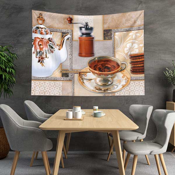 Kahve Temalı Retro Çaydanlık ve Fincan Tasarımlı Duvar Örtüsü 12533