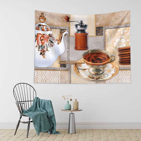 Kahve Temalı Retro Çaydanlık ve Fincan Tasarımlı Duvar Örtüsü 12533