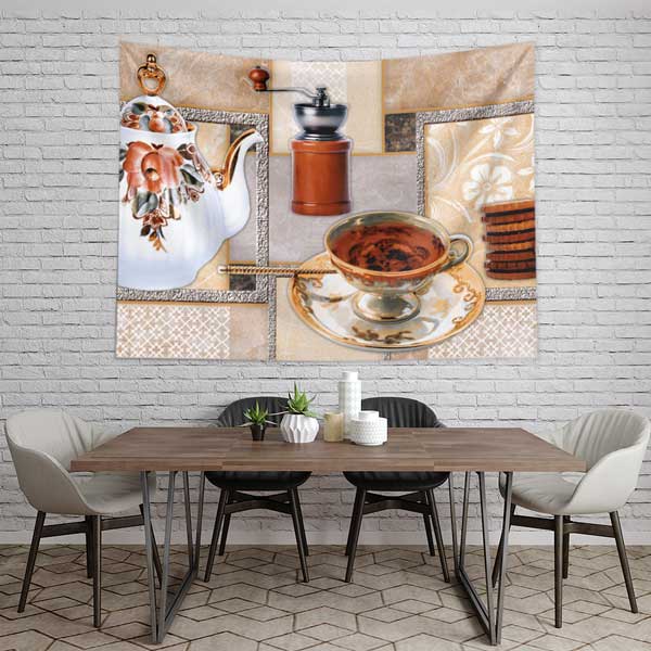 Kahve Temalı Retro Çaydanlık ve Fincan Tasarımlı Duvar Örtüsü 12533