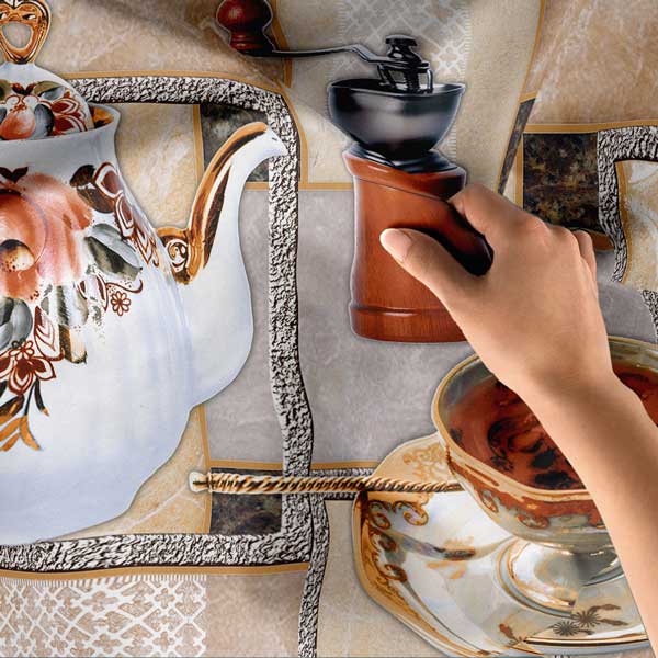 Kahve Temalı Retro Çaydanlık ve Fincan Tasarımlı Duvar Örtüsü 12533
