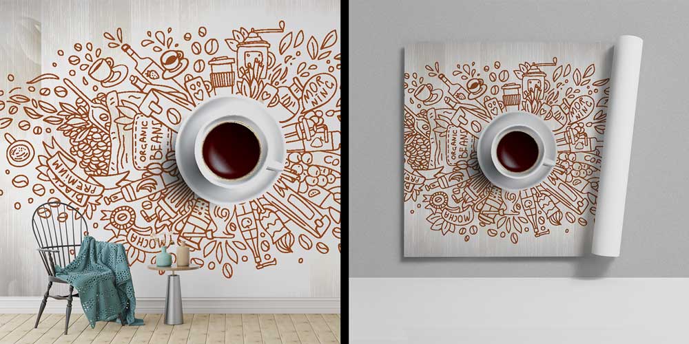 Kahve Çizim Desenli Modern Kafe Duvar Kağıdı 12358