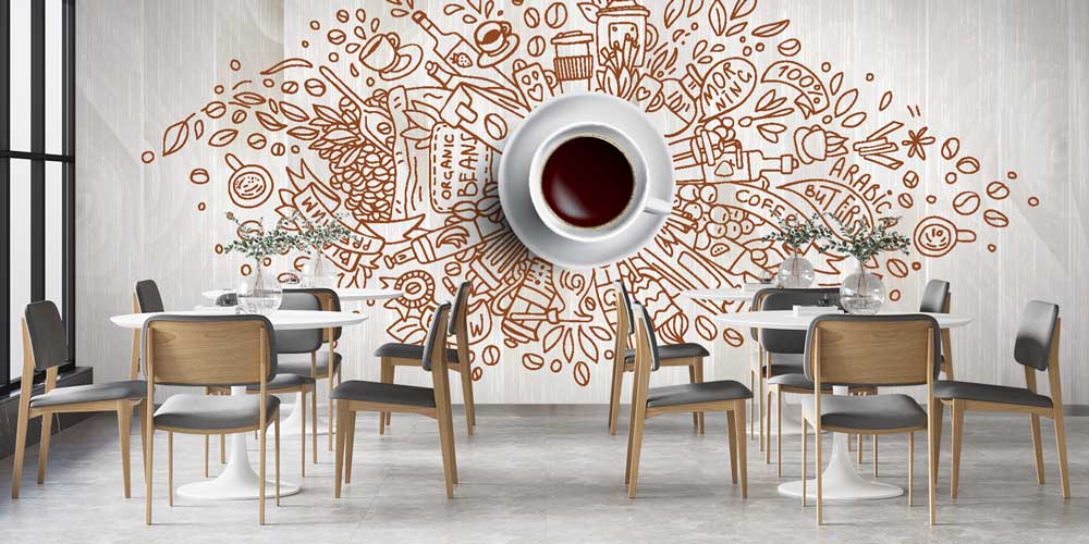 Kahve Çizim Desenli Modern Kafe Duvar Kağıdı 12358