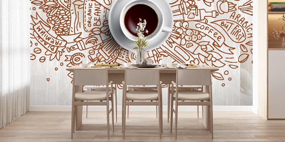 Kahve Çizim Desenli Modern Kafe Duvar Kağıdı 12358
