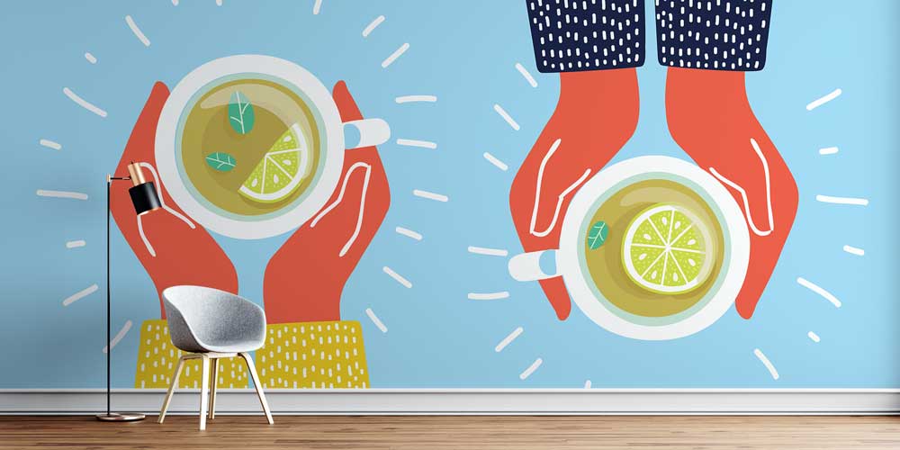 cafe-wallpaper-art-decor-12363-00 Limonlu Bitki Çayı İllüstrasyonlu Kafe Duvar Kağıdı 12363