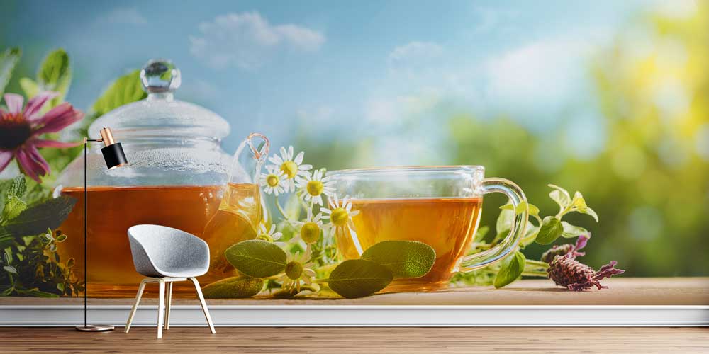 Papatya ve Bitki Çayı Desenli Kafe Duvar Kağıdı 12364