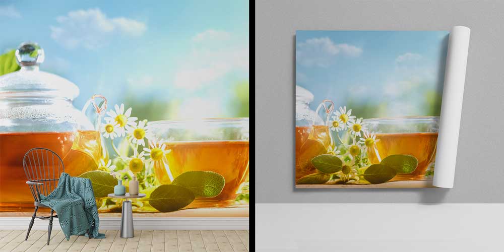 Papatya ve Bitki Çayı Desenli Kafe Duvar Kağıdı 12364