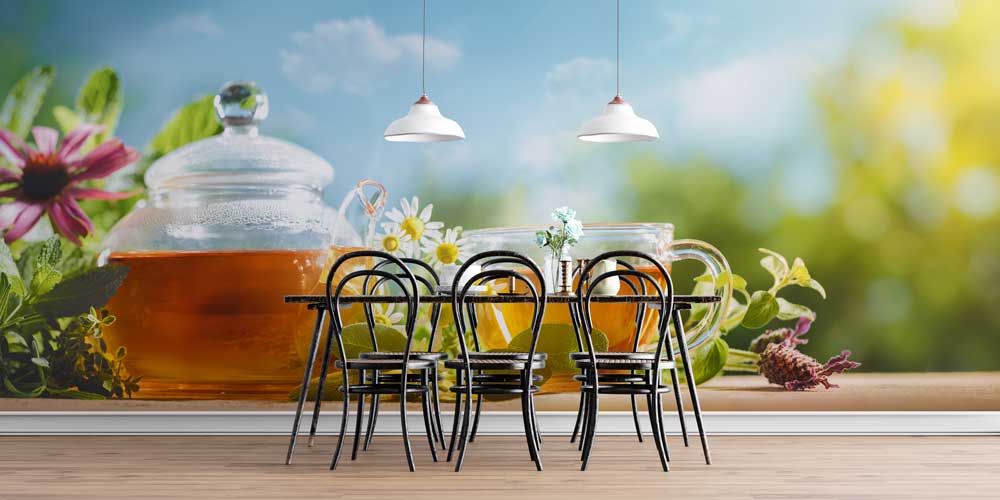 Papatya ve Bitki Çayı Desenli Kafe Duvar Kağıdı 12364