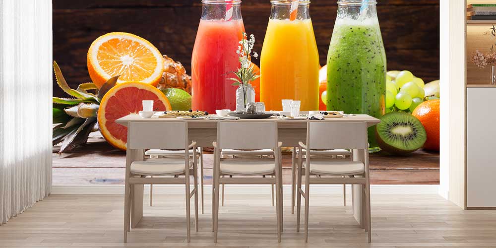 Renkli Meyve Suyu Şişeleri Desenli Kafe Duvar Kağıdı 12372