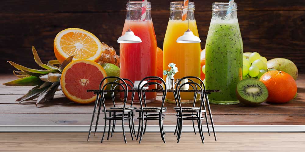 Renkli Meyve Suyu Şişeleri Desenli Kafe Duvar Kağıdı 12372