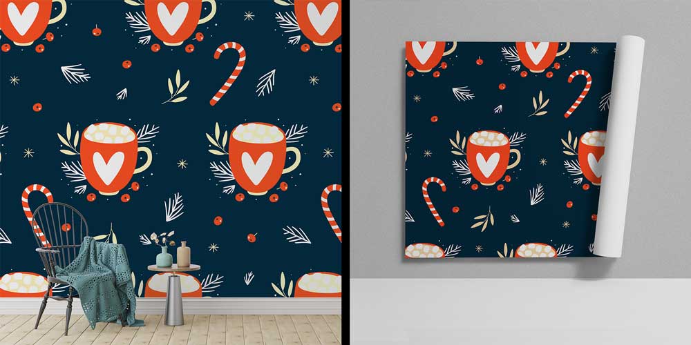 cafe-wallpaper-art-decor-12375-01 Kupa ve Şeker Kamışı Desenli Kafe Duvar Kağıdı 12375