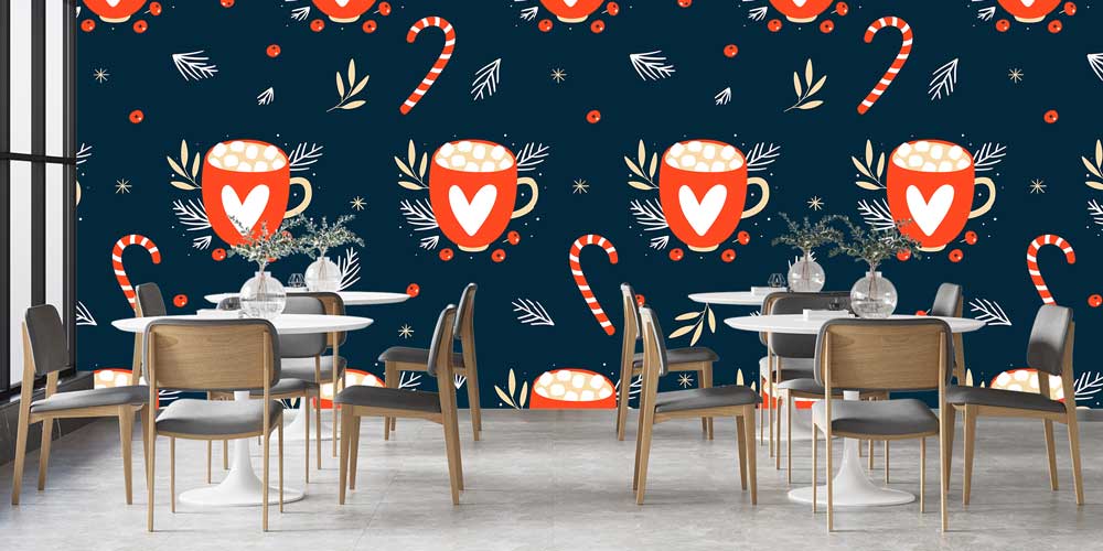cafe-wallpaper-art-decor-12375-02 Kupa ve Şeker Kamışı Desenli Kafe Duvar Kağıdı 12375