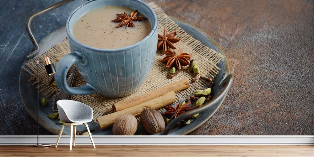 Baharatlı Chai Çay Fincanı Desenli Kafe Duvar Kağıdı 12356