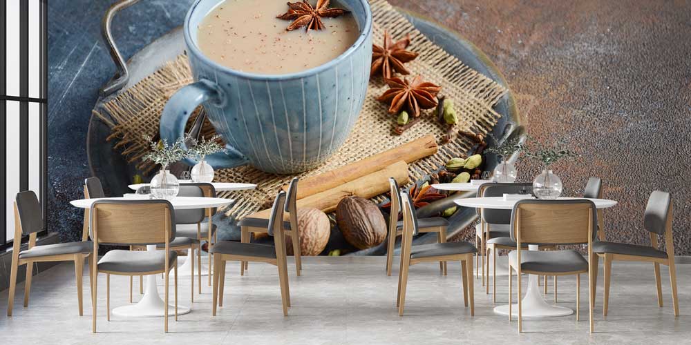 Baharatlı Chai Çay Fincanı Desenli Kafe Duvar Kağıdı 12356