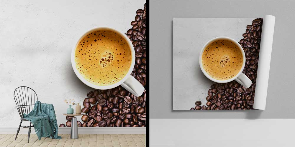 Kahve Çekirdekleri ve Espresso Fincanı Desenli Kafe Duvar Kağıdı 12353