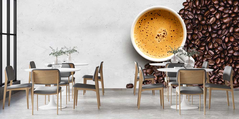 Kahve Çekirdekleri ve Espresso Fincanı Desenli Kafe Duvar Kağıdı 12353