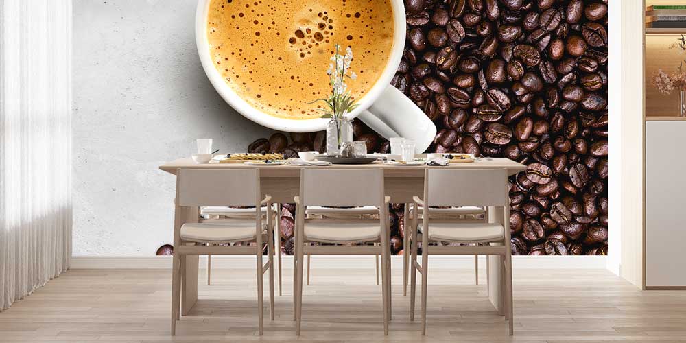 Kahve Çekirdekleri ve Espresso Fincanı Desenli Kafe Duvar Kağıdı 12353