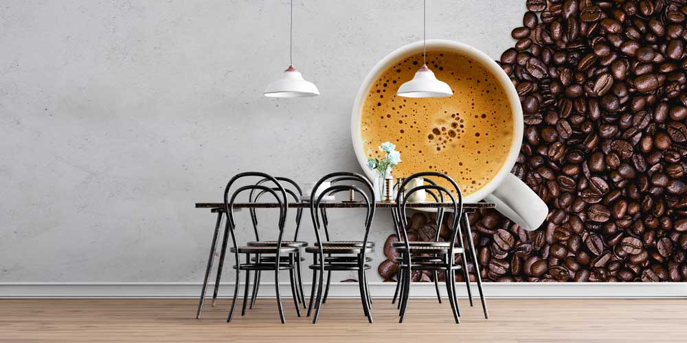 Kahve Çekirdekleri ve Espresso Fincanı Desenli Kafe Duvar Kağıdı 12353