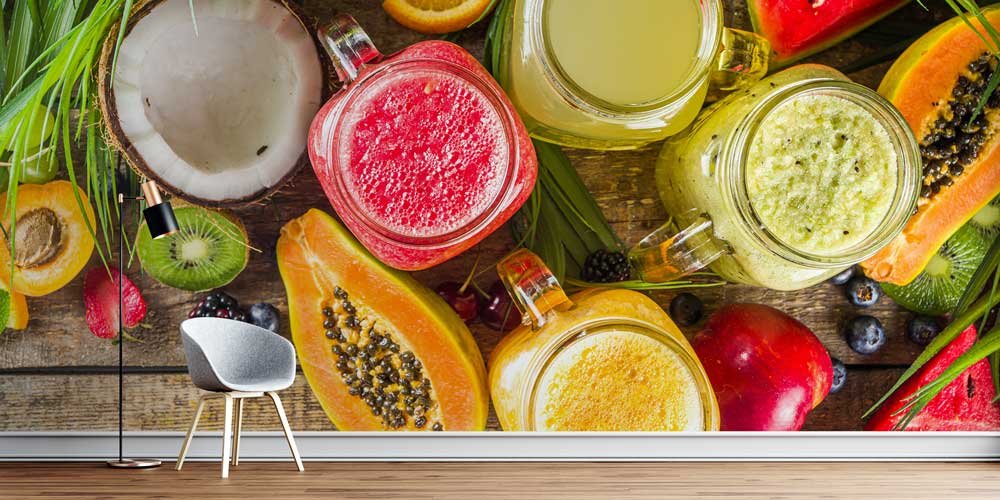 Egzotik Meyve ve Smoothie Desenli Kafe Duvar Kağıdı 12373