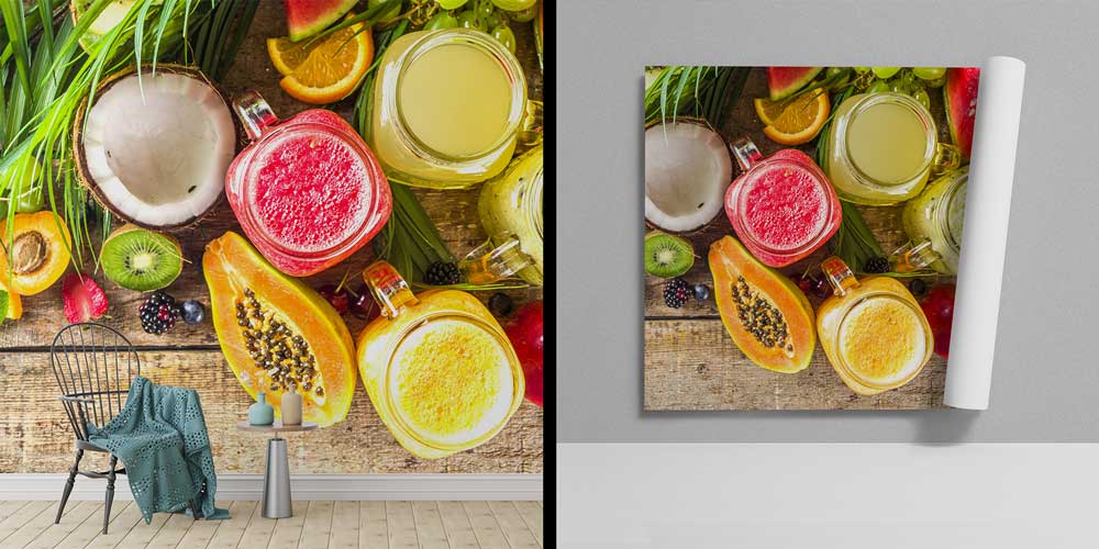 cafe-wallpaper-decoration-12373-01 Egzotik Meyve ve Smoothie Desenli Kafe Duvar Kağıdı 12373