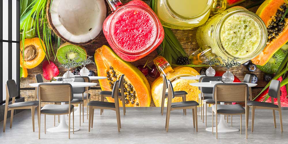cafe-wallpaper-decoration-12373-02 Egzotik Meyve ve Smoothie Desenli Kafe Duvar Kağıdı 12373