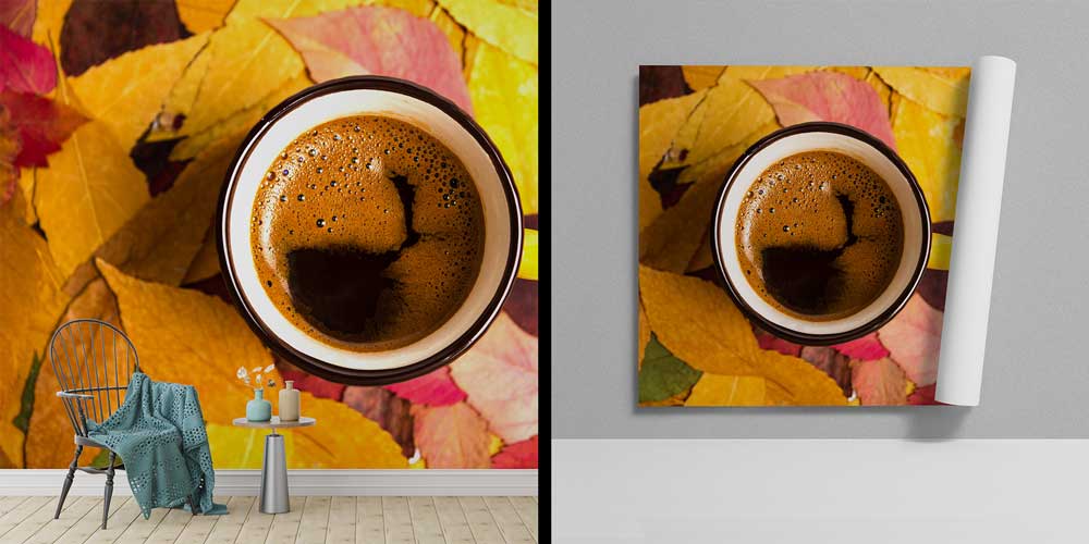 cafe-wallpaper-wall-art-12357-01 Sonbahar Yaprakları ve Kahve Fincanı Desenli Kafe Duvar Kağıdı 12357