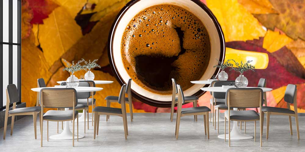 cafe-wallpaper-wall-art-12357-02 Sonbahar Yaprakları ve Kahve Fincanı Desenli Kafe Duvar Kağıdı 12357