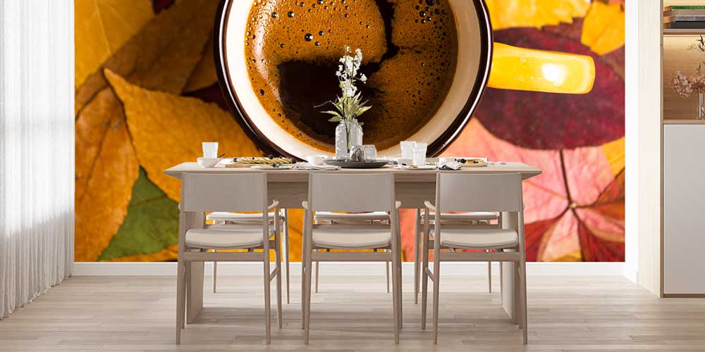 cafe-wallpaper-wall-art-12357-03 Sonbahar Yaprakları ve Kahve Fincanı Desenli Kafe Duvar Kağıdı 12357