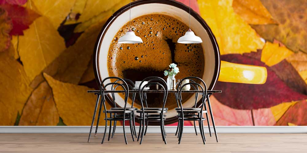 cafe-wallpaper-wall-art-12357-04 Sonbahar Yaprakları ve Kahve Fincanı Desenli Kafe Duvar Kağıdı 12357