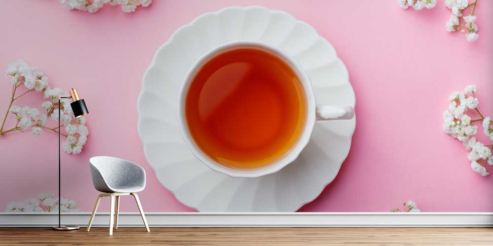 Pembe Zemin ve Çay Fincanı Desenli Kafe Duvar Kağıdı 12365