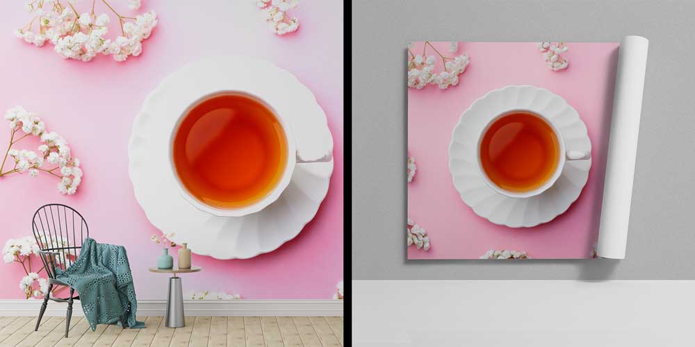 Pembe Zemin ve Çay Fincanı Desenli Kafe Duvar Kağıdı 12365