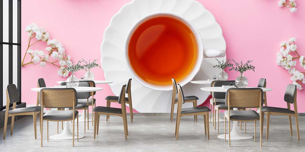Pembe Zemin ve Çay Fincanı Desenli Kafe Duvar Kağıdı 12365