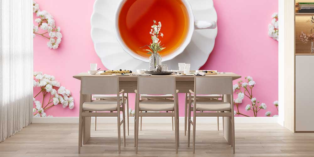 Pembe Zemin ve Çay Fincanı Desenli Kafe Duvar Kağıdı 12365