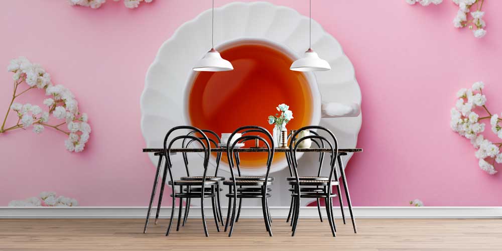 Pembe Zemin ve Çay Fincanı Desenli Kafe Duvar Kağıdı 12365