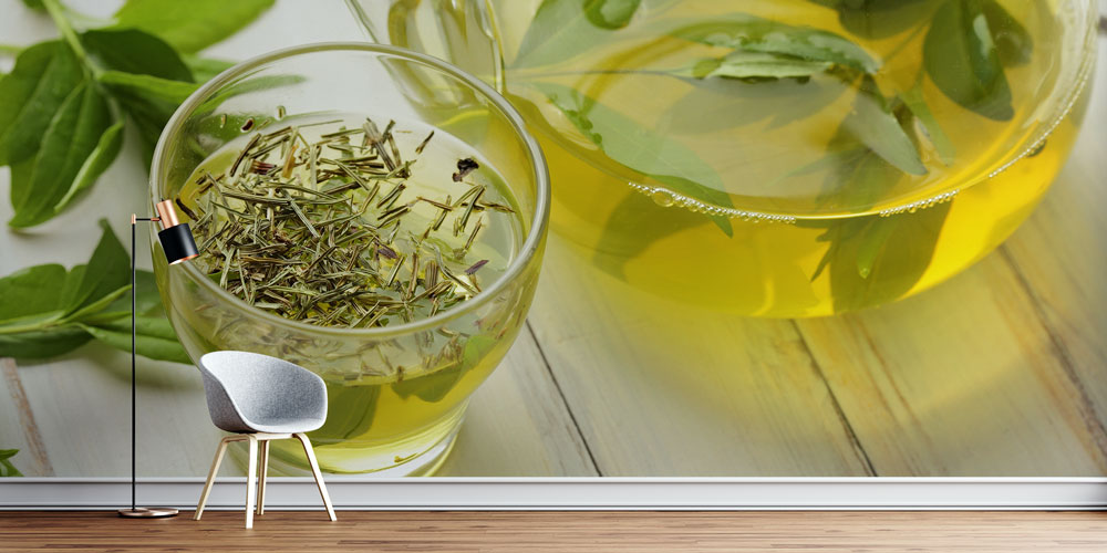 Yeşil Çay ve Bitki Yaprakları Desenli Kafe Duvar Kağıdı 12366