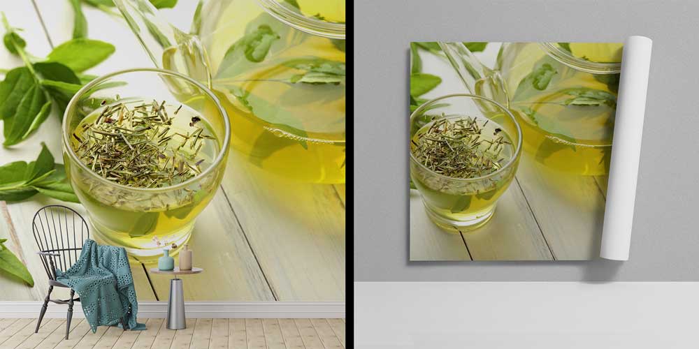 Yeşil Çay ve Bitki Yaprakları Desenli Kafe Duvar Kağıdı 12366