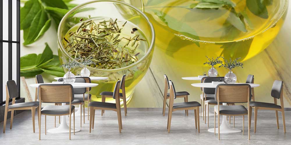 Yeşil Çay ve Bitki Yaprakları Desenli Kafe Duvar Kağıdı 12366