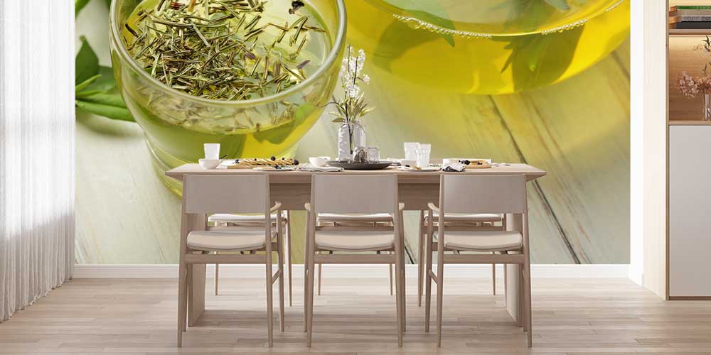 Yeşil Çay ve Bitki Yaprakları Desenli Kafe Duvar Kağıdı 12366