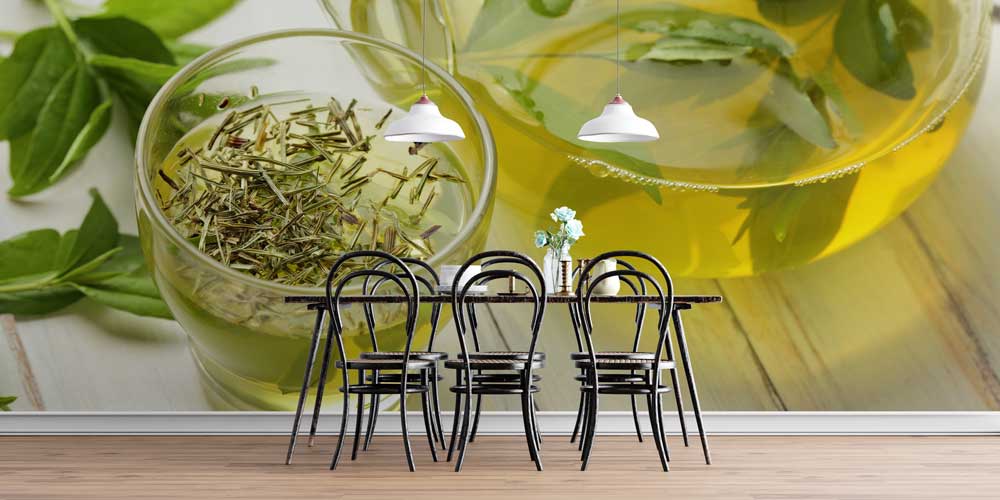 Yeşil Çay ve Bitki Yaprakları Desenli Kafe Duvar Kağıdı 12366