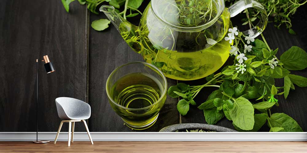 Taze Yeşil Bitki Çayı Desenli Kafe Duvar Kağıdı 12368