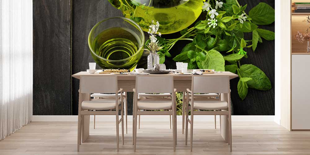 Taze Yeşil Bitki Çayı Desenli Kafe Duvar Kağıdı 12368