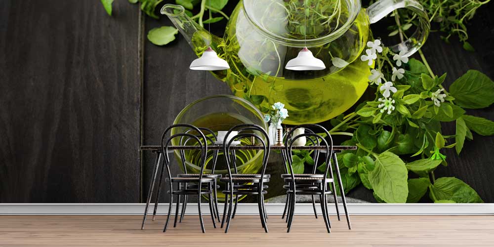 Taze Yeşil Bitki Çayı Desenli Kafe Duvar Kağıdı 12368