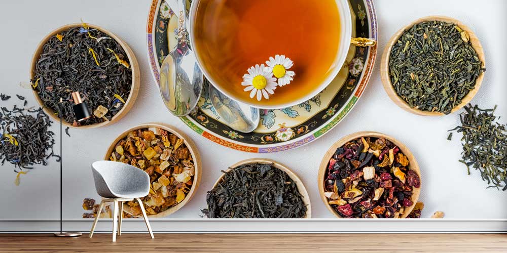 Çeşitli Bitki Çayları ve Fincan Desenli Kafe Duvar Kağıdı 12369