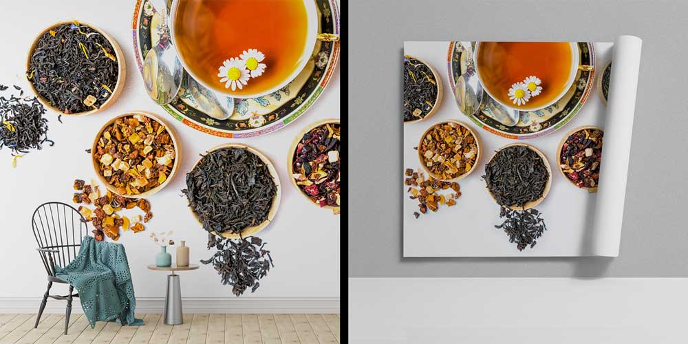 Çeşitli Bitki Çayları ve Fincan Desenli Kafe Duvar Kağıdı 12369